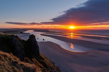 Wall Mural - Sunset over golden sand and serene river