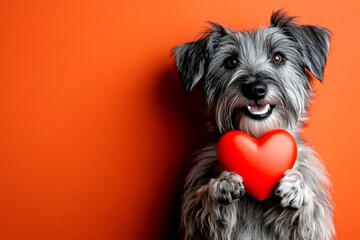 Afghan hound - my preferred dog. Cute afghan hound dog with domestic animal toy red heart - sign of love, funny greeting card. Digital ads idea. Red hearts and pets. Love animals. Red heart.