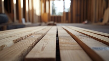 Sticker - Close-up View of Untreated Wood Planks in a Room Under Construction