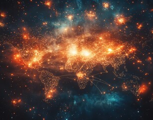 Poster - Illuminated World Map with Bright Network Connections Depicting Global Communication and Technology in Cosmic Background