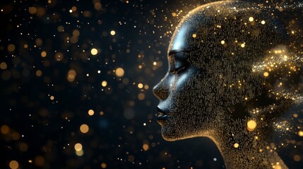 Poster - Golden Particles Form a Serene Human Profile Against a Dark Background, Digital Art Illustration