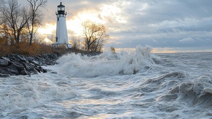 Poster - Wild waves surge toward the rocky shore, engulfing the landscape in frothy sea foam as a solitary lighthouse stands resilient against the brewing thunderstorm in the evening light