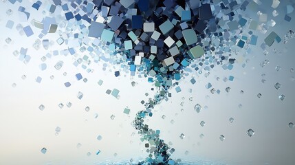 Fototapete - Abstract digital artwork featuring swirling blue - hued squares and cubes creating a dynamic, vortex - like effect, perfect for technology, digital art - related content and as a wallpaper.