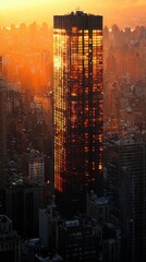 Poster - As the sun dips below the horizon, warm golden hues cast a magical glow over the skyline, highlighting the towering structures. Reflections dance on glass facades, creating a stunning visual feast