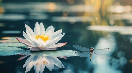 Wall Mural - Water Lily and Dragonfly in a Tranquil Pond