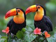 © tonpreecha - Impressive and visually stunning artwork of a pair of vibrant toucans perched on tropical foliage, with their colorful beaks and feathers meticulously rendered, capturing the vibrancy and exotic