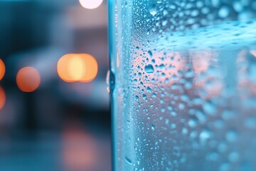 Poster - Frosted glass features faint, blurred outlines of glowing circuit patterns illuminated in blue and cyan tones, creating a futuristic tech aesthetic in a softly lit environment