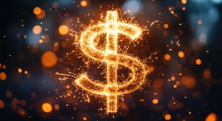 Poster - Sparkling Dollar Sign Created with Light and Fireworks Effects Against a Colorful Background for Use in Finance and Celebration Themes