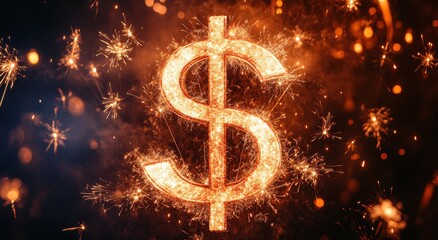 Poster - Sparkling Dollar Sign on a Dark Background with Bright Orange Fireworks Creating a Festive and Vibrant Atmosphere for Financial Celebrations