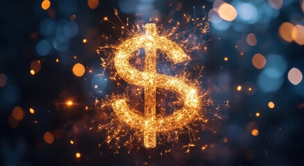 Poster - Sparkling Dollar Symbol in Bright Bokeh Background with Glowing Stars and Light Effects, Ideal for Financial and Economic Themes in Creative Designs