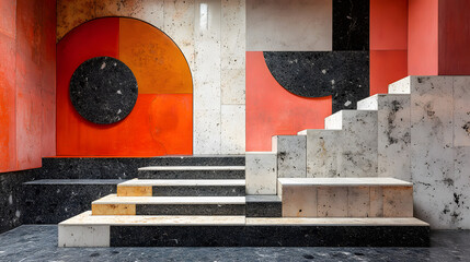 Poster - Abstract interior featuring colorful geometric shapes and textured surfaces, with steps leading up to a vibrant wall design