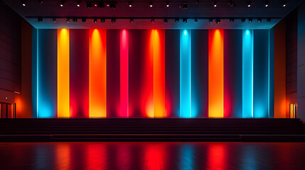 Poster - Vibrant stage backdrop with colorful vertical lights in blue, red, and orange, creating an energetic atmosphere for performances