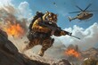 © grPix - Army tigers.Tigers soldier.Military tigers.A battle-ready tiger, wearing full soldier's gear, sprinting across a rugged terrain with a rifle in its paws, as helicopters hover overhead
