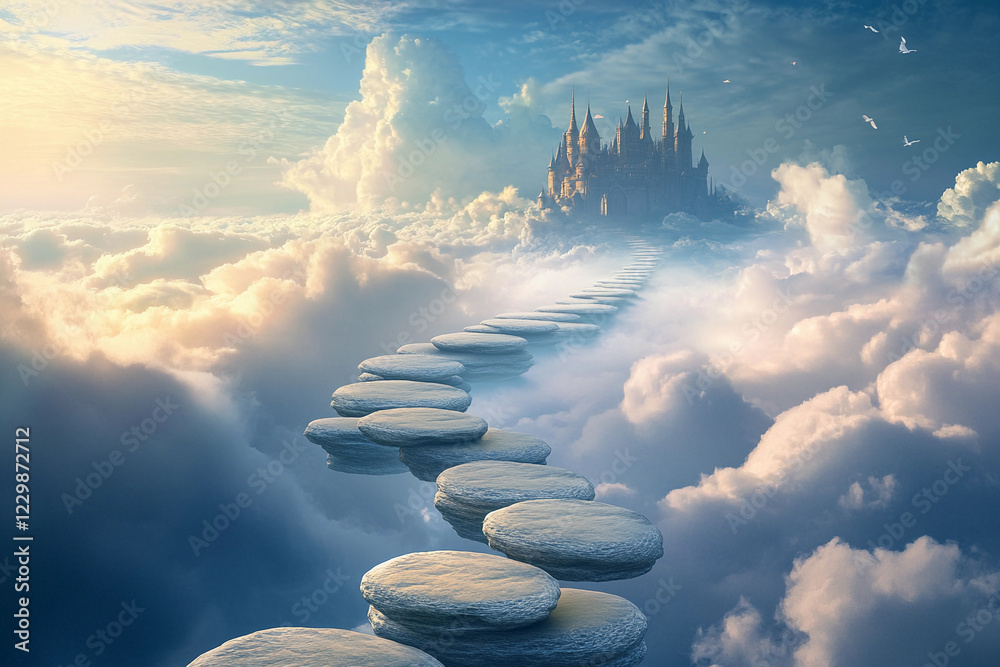Majestic castle in the clouds with a pathway of stones under a bright ...