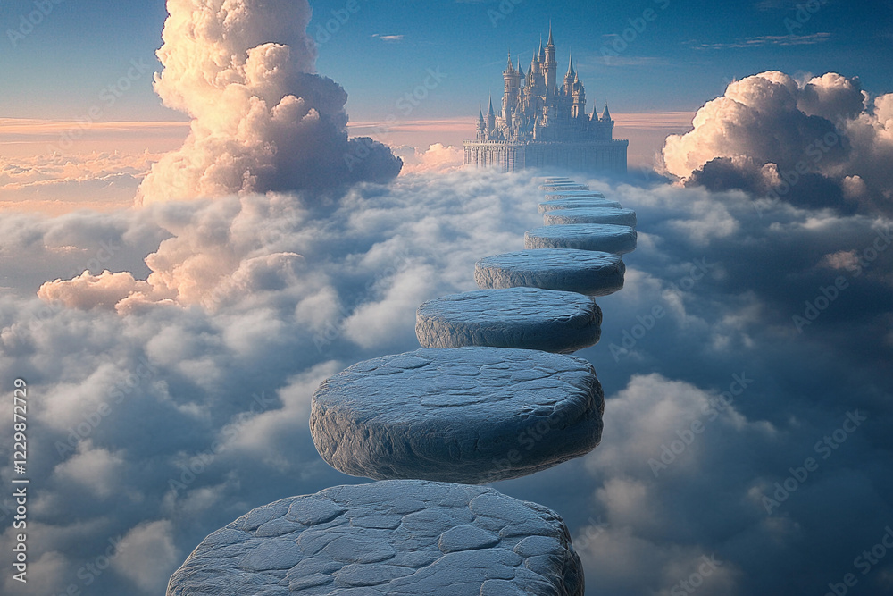 Majestic castle in the clouds with a pathway of stones under a bright ...