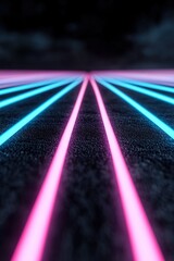 Poster - A radiant grid of neon cyan and magenta lines extends from a central vanishing point, set against a black gradient backdrop, inviting branding or messaging space
