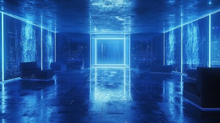 Poster - Within a high-tech server room, glowing blue lights create an ethereal atmosphere. The sleek, reflective surfaces enhance the sense of advanced technology and innovation