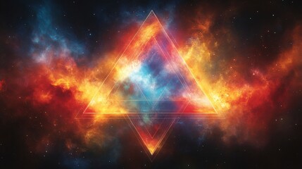 Poster - Spectrum Gradient Transitioning from Warm Reds to Cool Blues on Central Equilateral Triangle Background