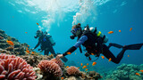 Vibrant Underwater Scene in Seychelles Featuring Divers Exploring Coral Reefs and Marine Life, Ideal for Eco-Tourism and Marine Conservation Promotions