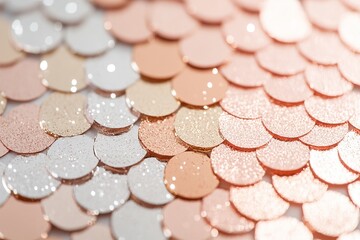 Poster - A captivating grid of shimmering sequins in gold, rose gold, and silver displays dynamic reflections against a soft gradient background, ideal for branding or text overlays