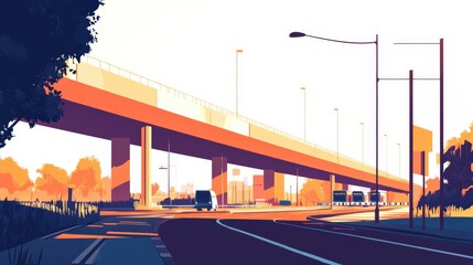 Wall Mural - Vibrant urban landscape showcasing a highway overpass with vehicles and trees at sunset