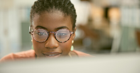 Research, information technology or face of black woman with computer networking online in office. Digital agency data, glasses or African web designer reading code, email or planning in tech startup