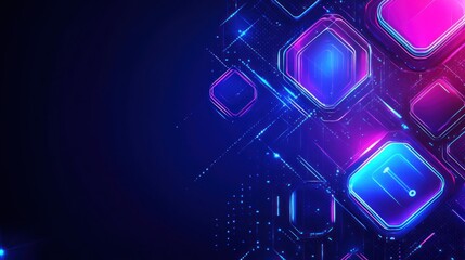 Poster - Abstract digital technology background with glowing neon hexagons and circuit lines.