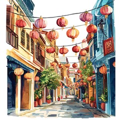 Wall Mural - Charming Asian Street Scene with Colorful Lanterns and Traditional Architecture.