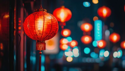 Wall Mural - Illuminated Red Lantern Hanging Amidst Festive Lights