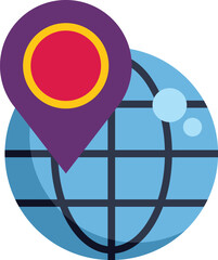 Poster - purple location pin is pointing on a blue world globe icon, representing global positioning