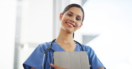 Wall Mural - Surgeon, woman and portrait with tablet in hospital for medical service, telehealth and healthcare support. Professional, doctor and happy with digital tech for clinic report, online research or info