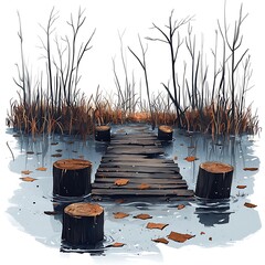 Wall Mural - Serene Autumnal Swamp Pathway Wooden Dock Leading Through Still Water