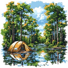 Wall Mural - Idyllic Camping Scene Tent on Calm Lake Surrounded by Lush Forest.