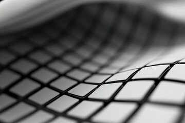 Poster - Futuristic black-and-white grid pattern features glowing blurred edges, set against a soft gradient background. Ideal for modern design purposes and creative projects