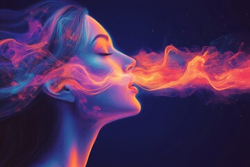 Aufkleber - Vibrant portrayal of a woman exhaling colorful smoke in a mesmerizing display of art and expression at night