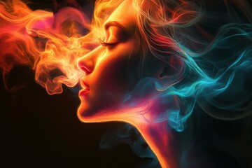 Fototapete - Woman surrounded by colorful smoke showcasing ethereal beauty in a dark atmosphere