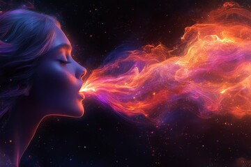 Aufkleber - Woman exhaling colorful smoke in a cosmic atmosphere at night