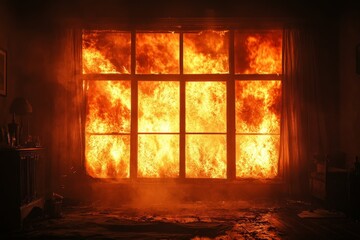 Poster - Flames engulf a room as a fire rages outside a large window in the evening light