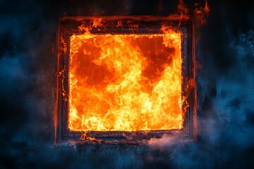 Aufkleber - Flames burst from a frame in a darkened environment creating a striking contrast of light and shadows