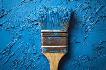 Aufkleber - Brush covered in vibrant blue paint against textured wall surface during creative interior decorating activity