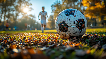 Soccer ball on autumn field with player.