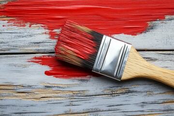 Poster - Bright red paintbrush rests on weathered wooden surface after painting vibrant streaks