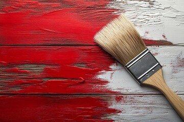 Poster - Brush applying vibrant red paint on weathered wooden surface during art project