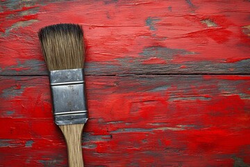 Aufkleber - Long bristle paintbrush resting on a rustic red wooden surface during a creative project