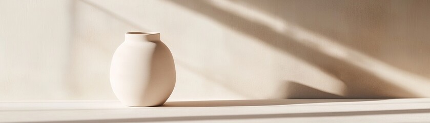 Poster - Softly illuminated by warm light, the minimalist ceramic vase casts gentle shadows on a matte surface, surrounded by ample negative space ideal for branding or messaging