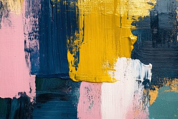 Aufkleber - Abstract canvas featuring bright strokes of blue, yellow, pink, and white paint in an artistic arrangement