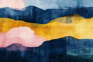 Fototapete - Abstract landscape art featuring bold colors and brush strokes with a blend of yellow, pink, and blue shades
