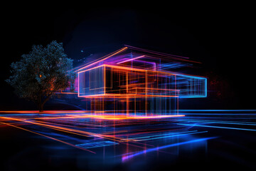 Poster - A mesmerizing fusion of technology and nature, this vividly illuminated structure showcases a futuristic design, accentuated by vibrant neon lines and a glowing tree against a dark backdrop.