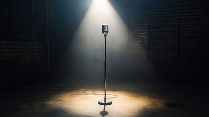 Wall Mural - A cinematic studio setup with a single bright spotlight on a lonely microphone stand.