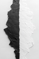 Poster - Torn paper texture divides a canvas into black and white halves, offering a striking contrast. One side remains blank, perfect for adding text or designs. Artistic and contemporary in style